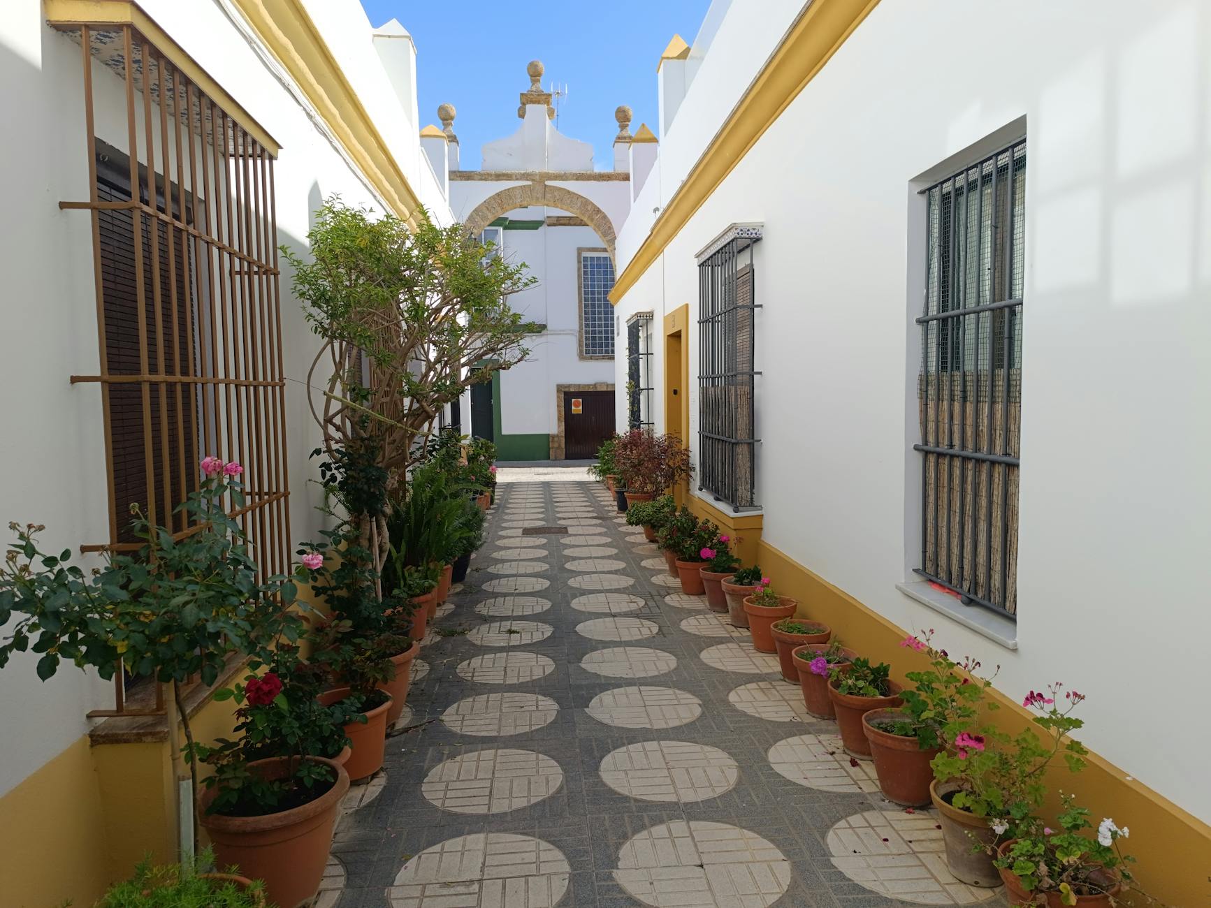 Andaluzyjski dziedziniec z donicami w Puerto Real w Hiszpanii